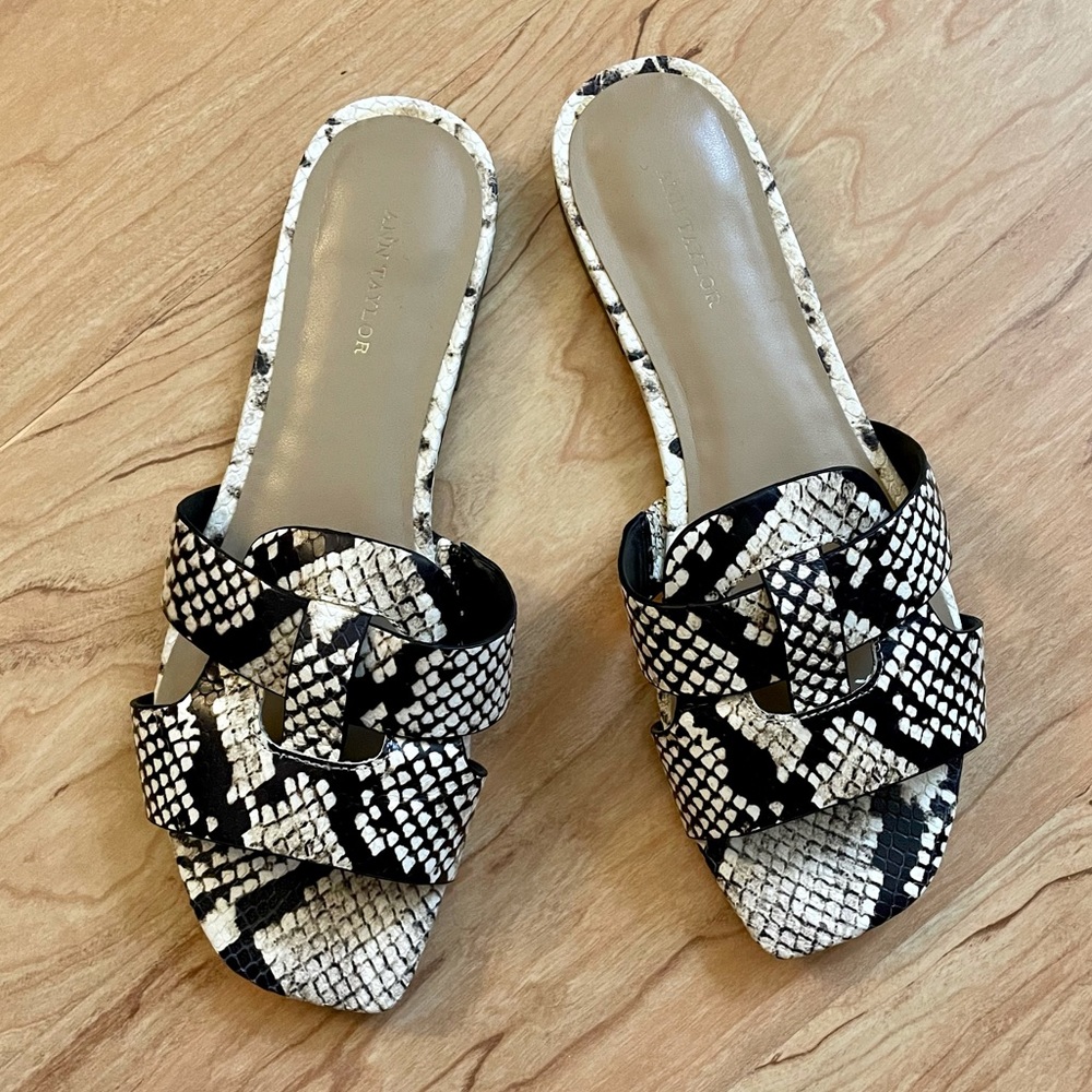 Ann Taylor Yara snakeprint leather strappy sandals, black multi